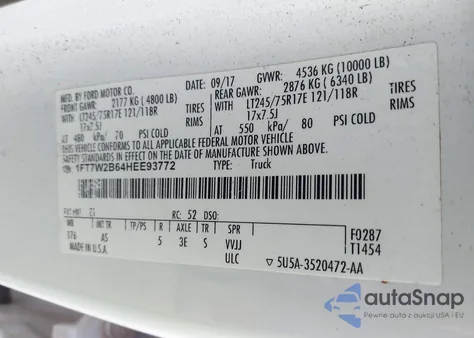 2017 Ford F-250 Xl из США, поврежденный, VIN 1FT7W2B64HEE93772